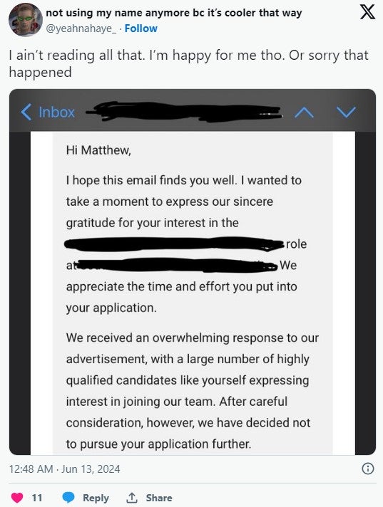 Man gives 'I ain't reading all that' response to a job rejection letter