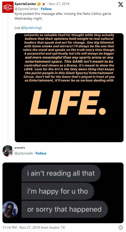 The 'I ain't reading all that' meme used in reply to Kyrie Irving's free-thought rant