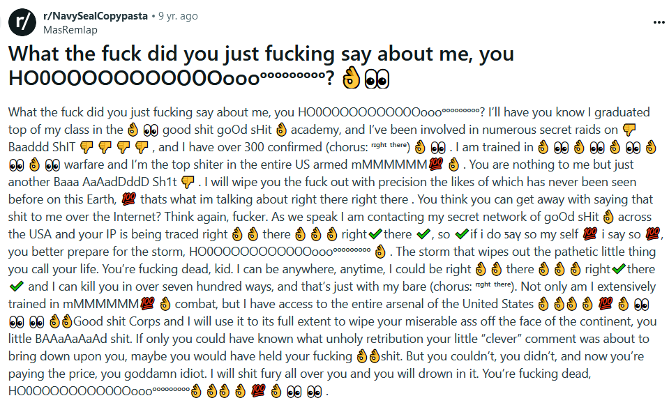 Navy seal copypasta meme in emoji speak.