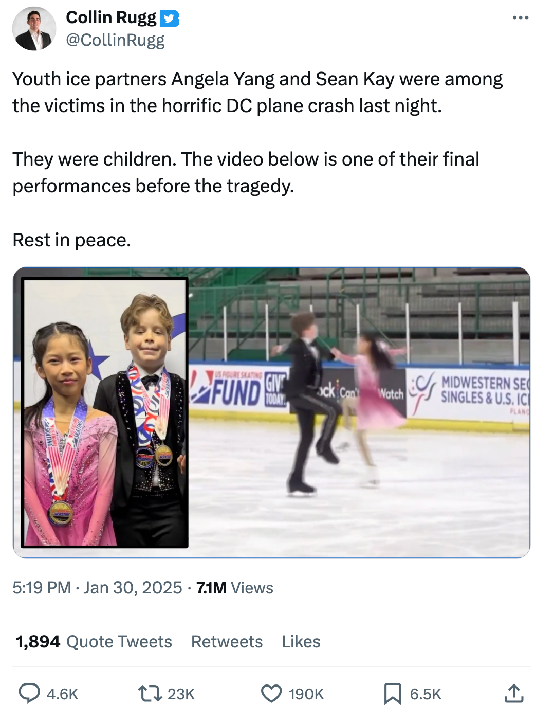 Reaction to Angela Yang and Sean Kay's final performance before the plane crash. Text reads, 'Youth ice partners Angela Yang and Sean Kay were among the victims in the horrific DC plane crash last night. They were children. The video below is one of their final performances before the tragedy. Rest in peace.' with an embedded video and photo of them at their final competition.