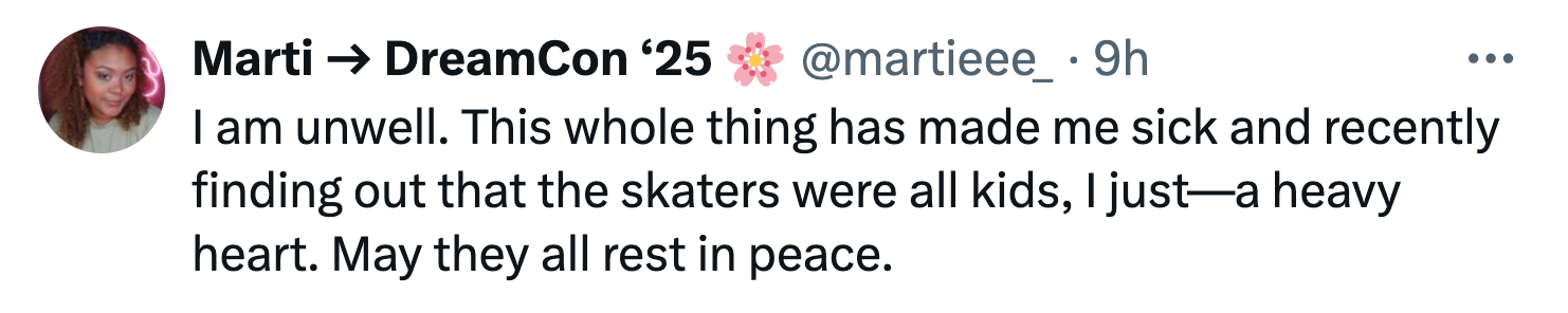 Reaction to Angela Yang and Sean Kay's final performance before the plane crash. Text reads, 'I am unwell. This whole thing has made me sick and recently finding out that the skaters were all kids, I just—a heavy heart. May they all rest in peace.'