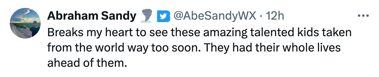 Reaction to Angela Yang and Sean Kay's final performance before the plane crash. Text reads, 'Breaks my heart to see these amazing talented kids taken from the world way too soon. They had their whole lives ahead of them.'