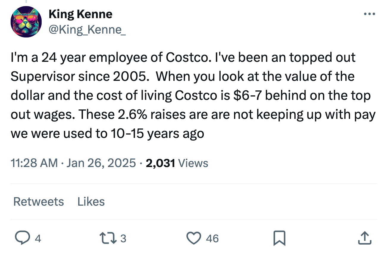 Tweet response to Costco's wage increase announcement. Text reads, 'I'm a 24 year employee of Costco. I've been an topped out Supervisor since 2005. When you look at the value of the dollar and the cost of living Costco is $6-7 behind on the top out wages. These 2.6% raises are are not keeping up with pay we were used to 10-15 years ago'