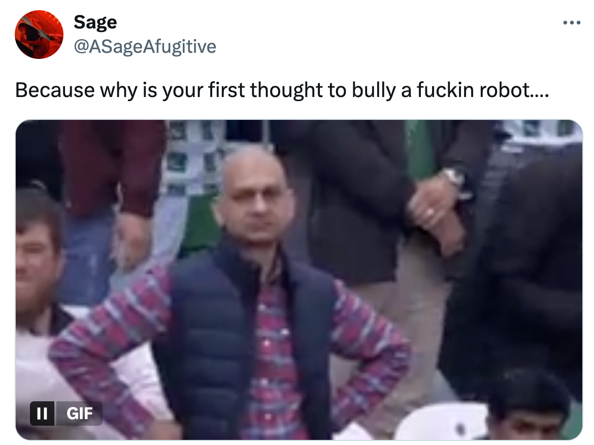 Reaction to Kai Cenat kicking a $70K robot on stream, text reads, 'Because why is your first thought to bully a f*ckin robot….'