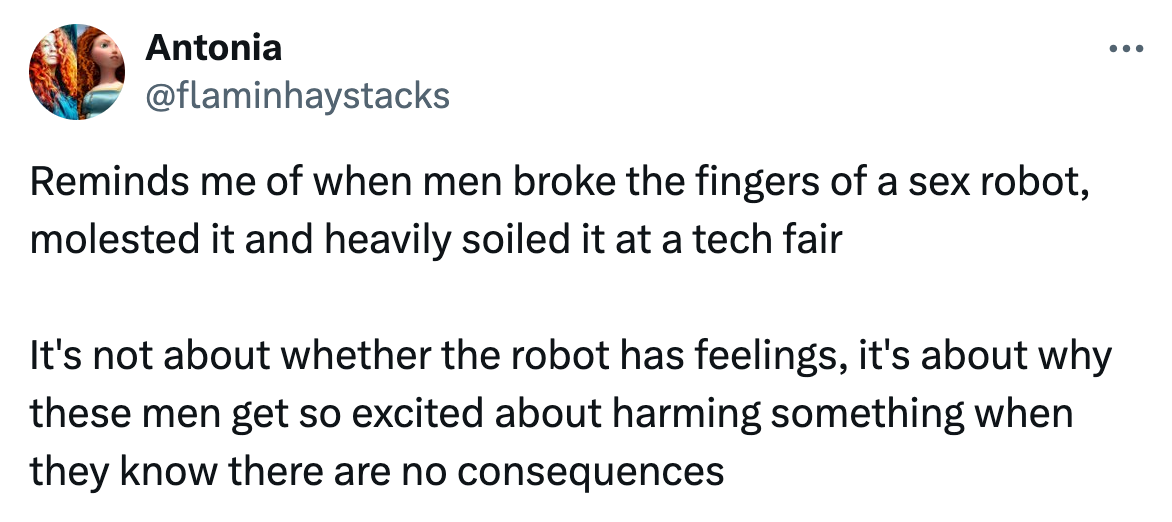 Reaction to Kai Cenat kicking a $70K robot on stream, text reads, 'Reminds me of when men broke the fingers of a sex robot, molested it and heavily soiled it at a tech fair It's not about whether the robot has feelings, it's about why these men get so excited about harming something when they know there are no consequences'