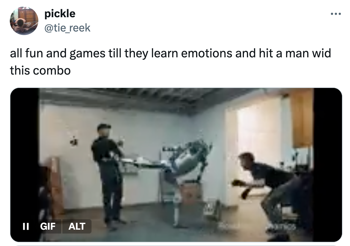 Reaction to Kai Cenat kicking a $70K robot on stream, text reads, 'all fun and games till they learn emotions and hit a man wid this combo' with a GIF of a robot attacking people.
