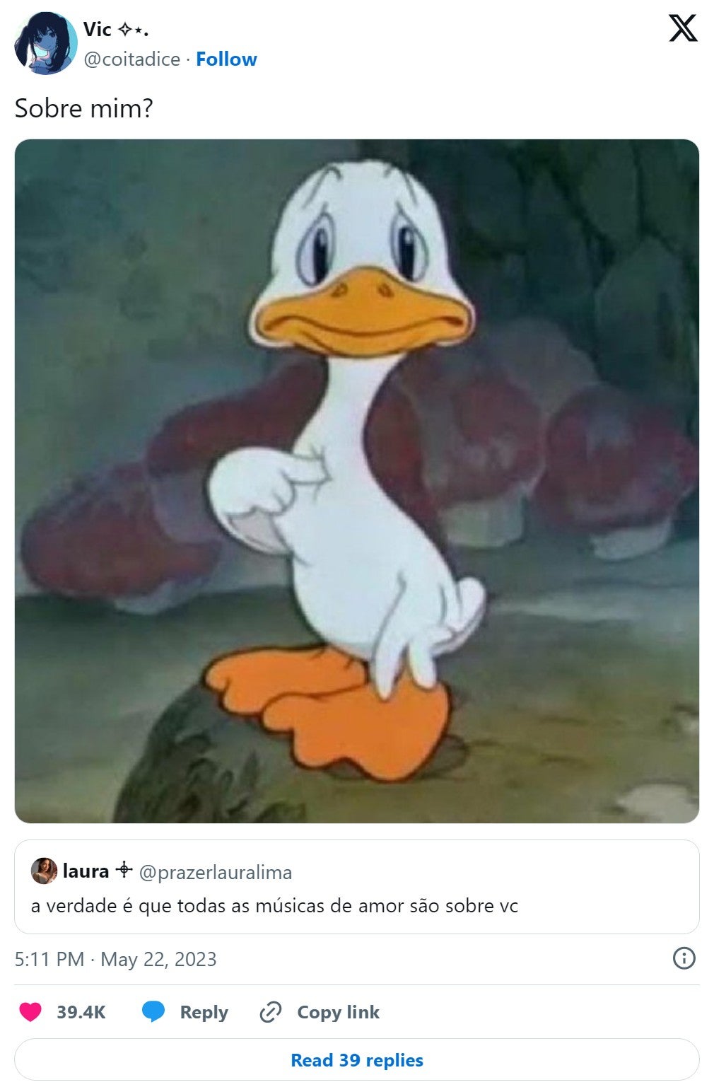 portuguese sad duck pointing at himself memes