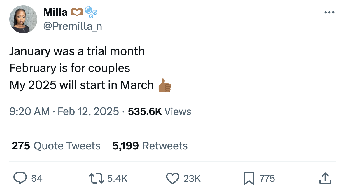 Valentine's Day meme, text reads, 'January was a trial month February is for couples My 2025 will start in March (thumbs up emoji)'