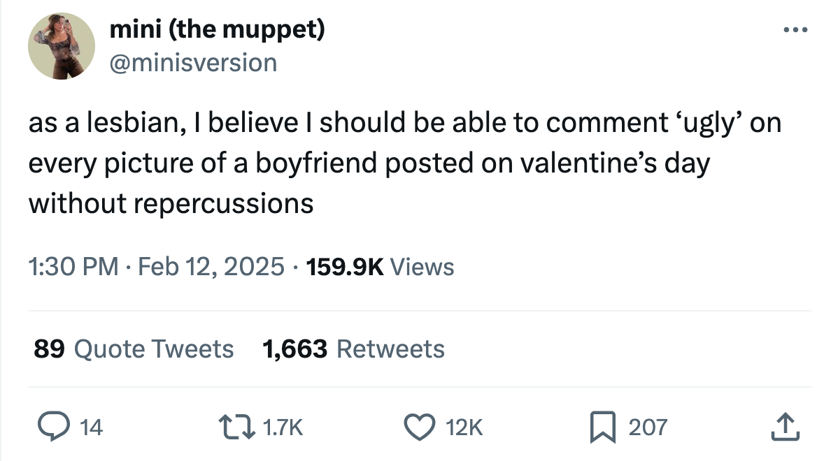 Valentine's Day meme, text reads, 'as a lesbian, I believe I should be able to comment ‘ugly’ on every picture of a boyfriend posted on valentine’s day without repercussions'