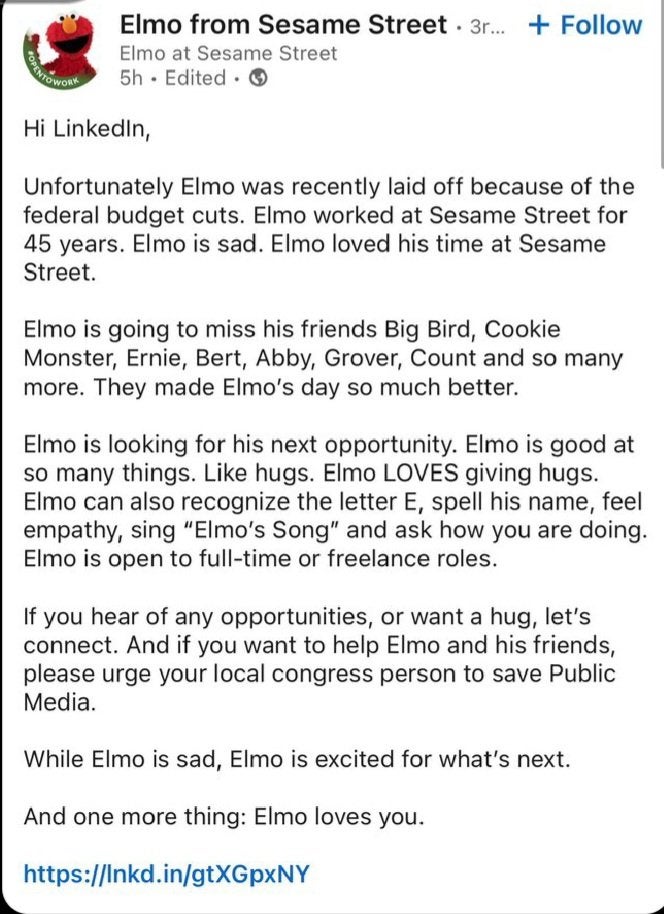 Screenshot from an LinkedIn post discussing elmo laid off linkedin