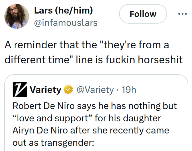 Tweet reading 'A reminder that the 'they're from a different time' line is fuckin horseshit'