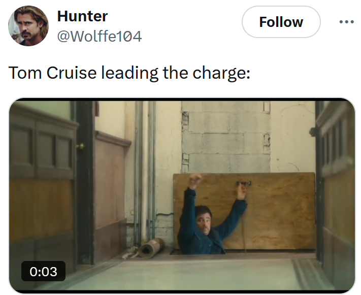 Tweet reading 'Tom Cruise leading the charge:' with a film gif.