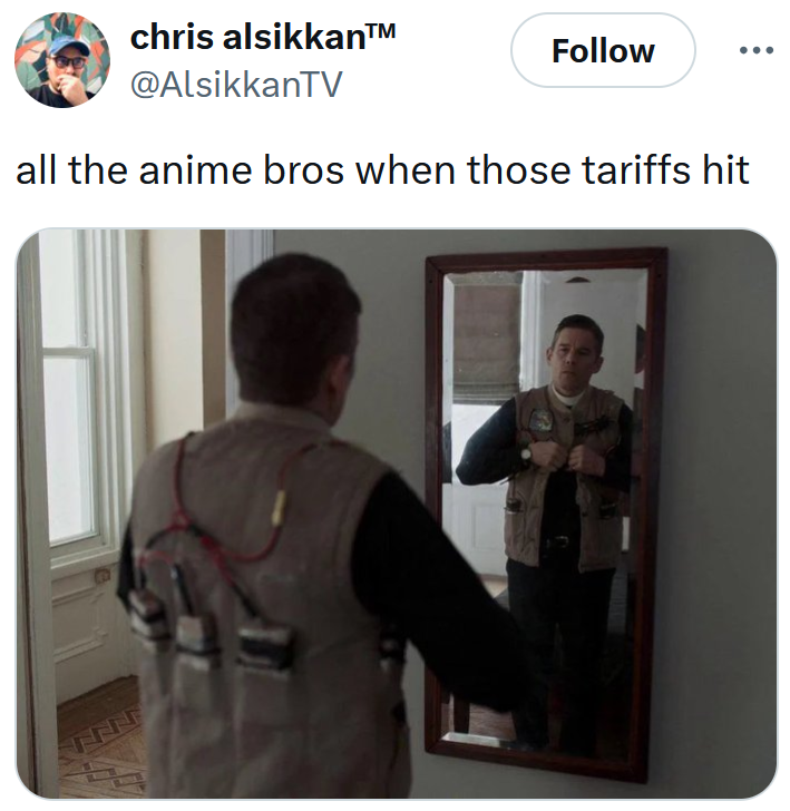 Tweet reading 'all the anime bros when those tariffs hit' with a screenshot of a man strapping on an explosive vest.