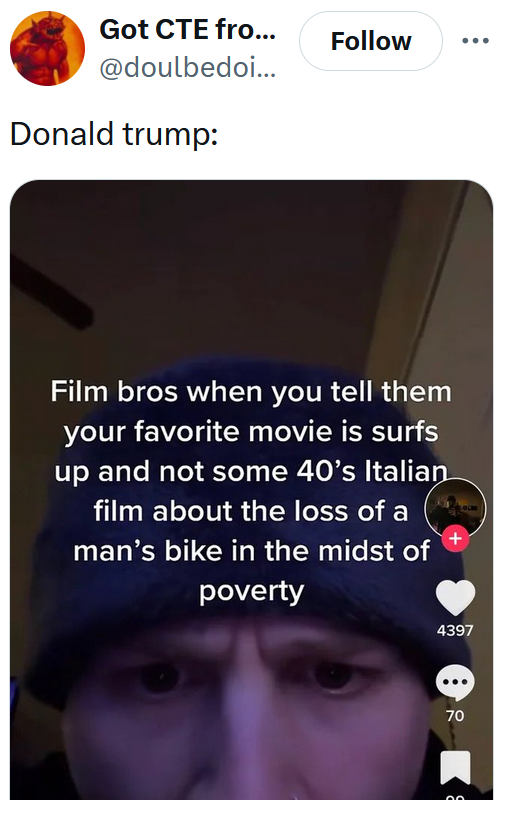 Tweet reading 'Donald trump:' with an Instagram screenshot about film bros.